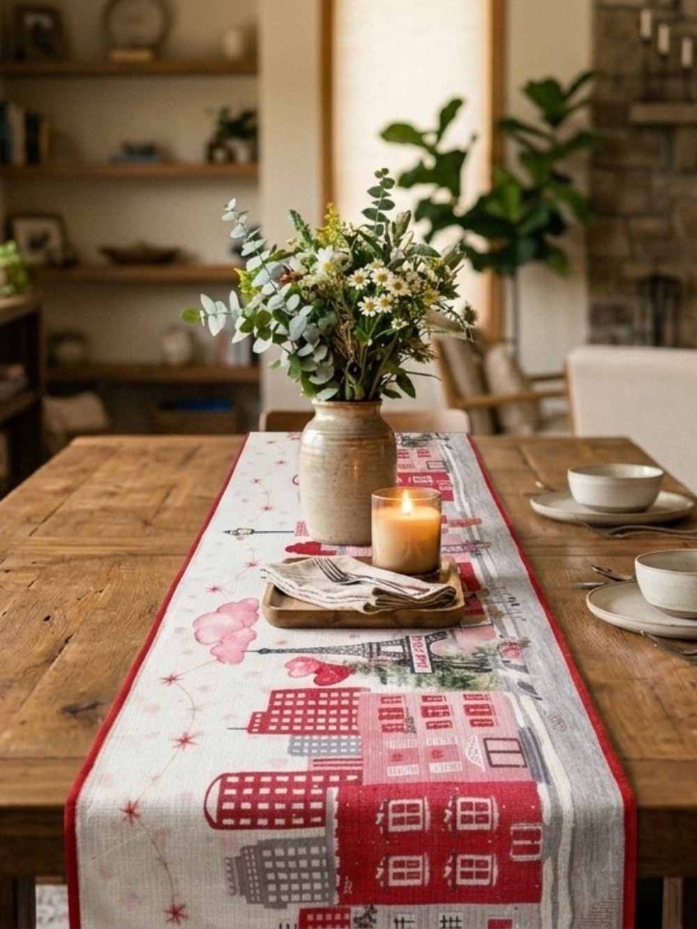 Red Cityscape Table Runner - Festive Home Dining Linen